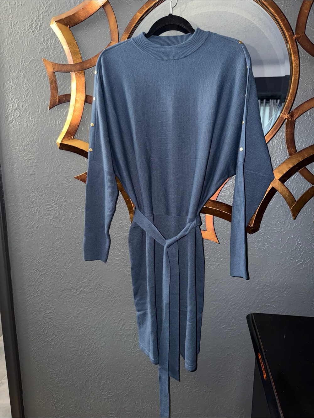 VENUS Slate Blue Long Sleeve Belted Knit Dress with Button Detail